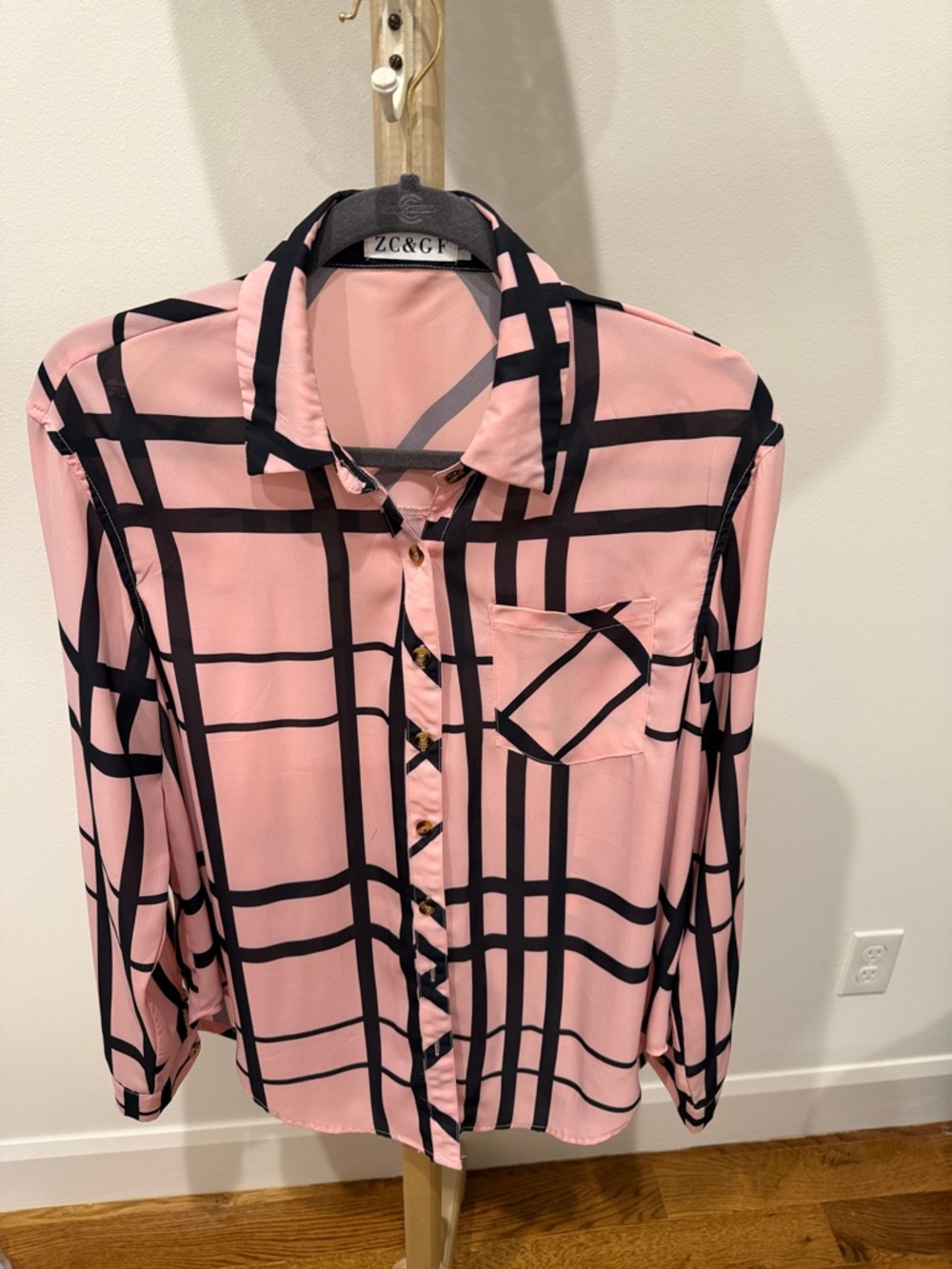 Pink Plaid Button-Front Blouse